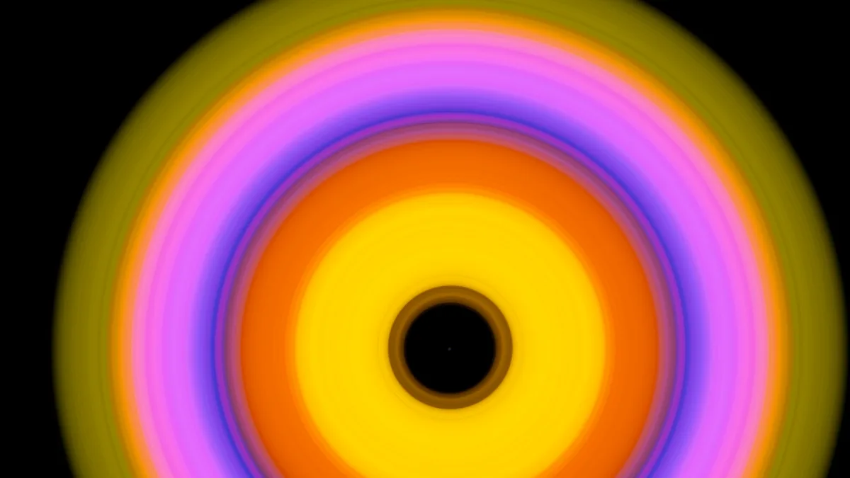 Circular Light 063, an abstract photograph of concentric yellow, orange, pink, and violet rings by Michael Hill.