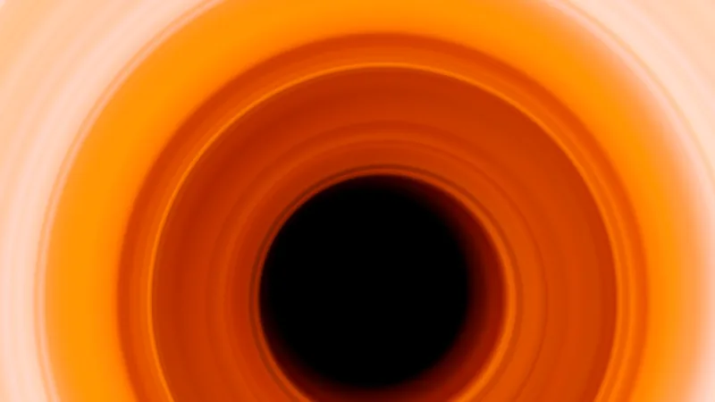Obra abstracta panorámica con anillos concéntricos de luz naranja y ámbar alrededor de un centro negro