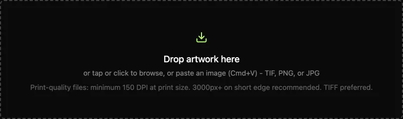 ArtDrop Drop Zone prompting for a TIF, PNG, or JPG artwork file