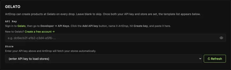 ArtDrop Gelato setup card with empty API key and store fields