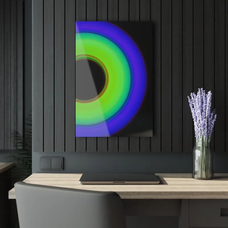 Circular light artwork shown on an acrylic print mockup