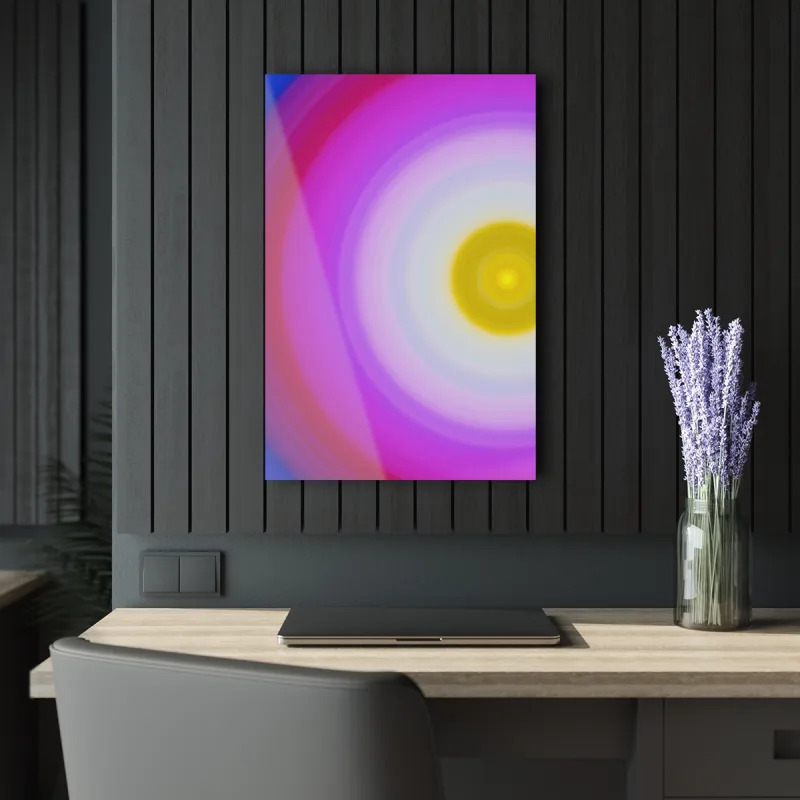 Circular light artwork shown on an acrylic print mockup
