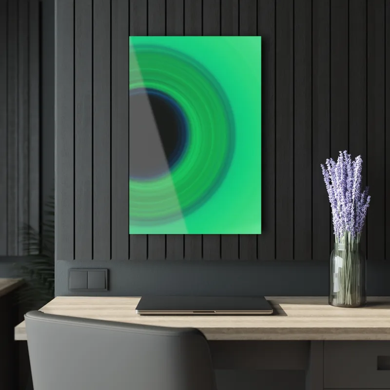 Circular light artwork shown on an acrylic print mockup