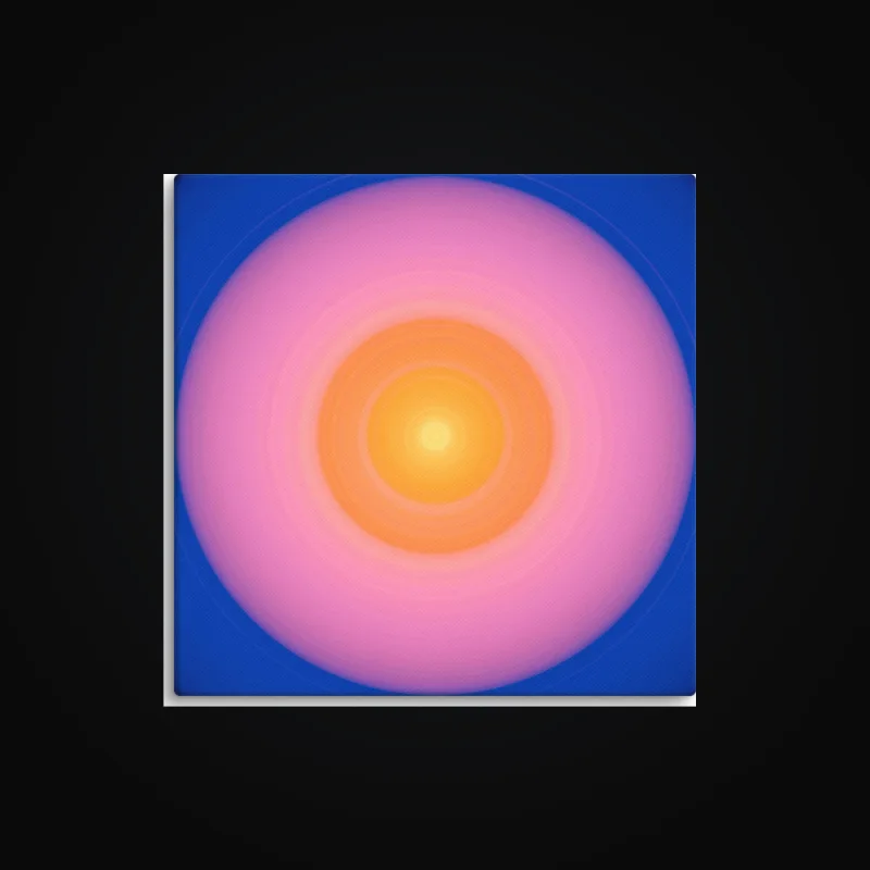 Circular light artwork shown on a gallery canvas mockup