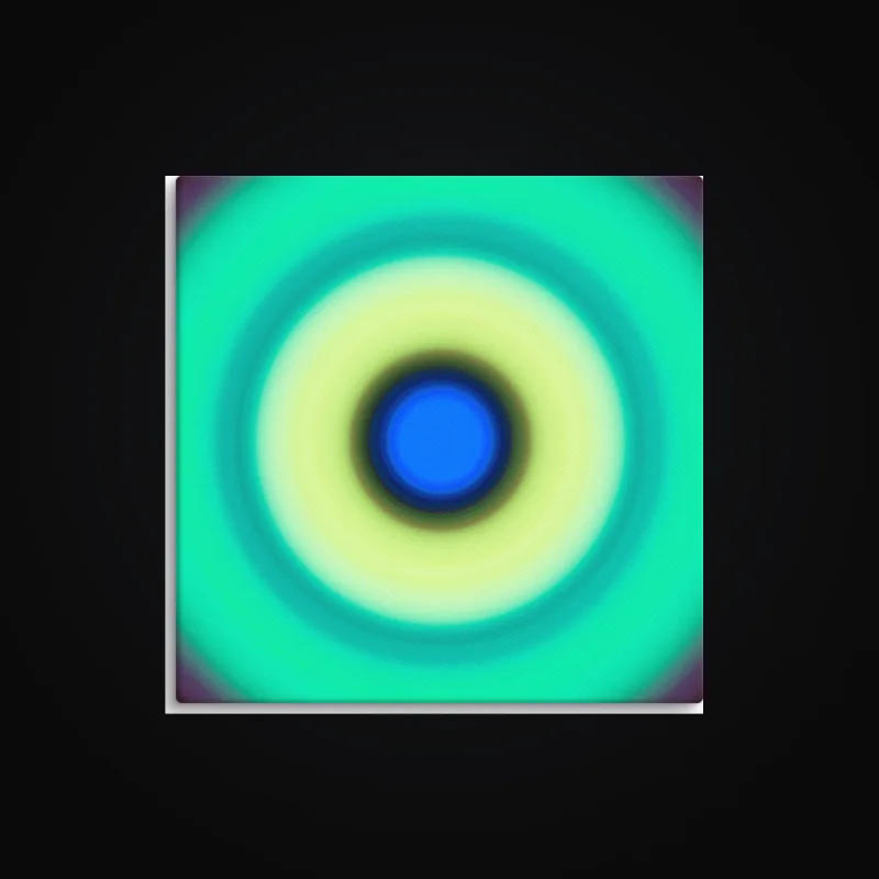 Circular light artwork shown on a gallery canvas mockup