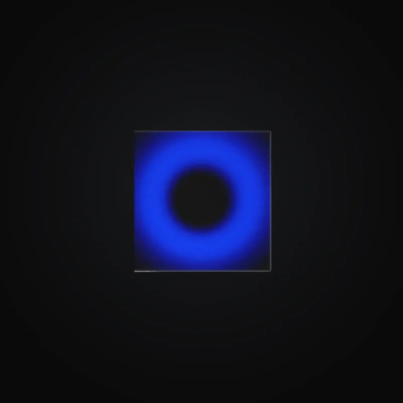 Circular light artwork shown on a gallery canvas mockup