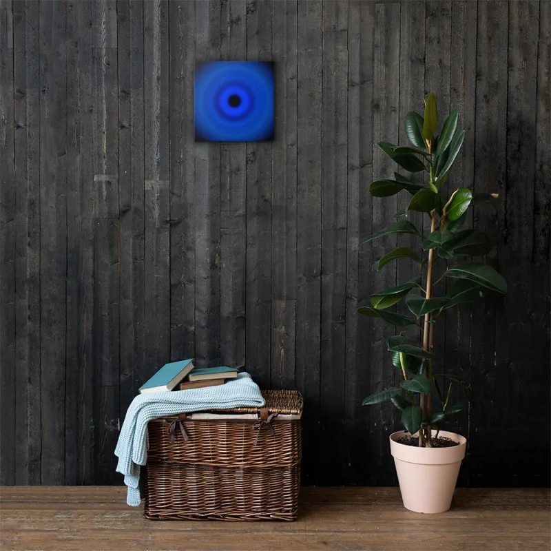 Circular light artwork shown on a gallery canvas mockup