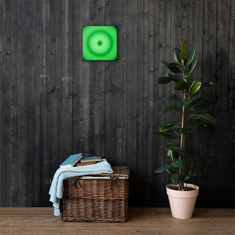 Circular light artwork shown on a gallery canvas mockup