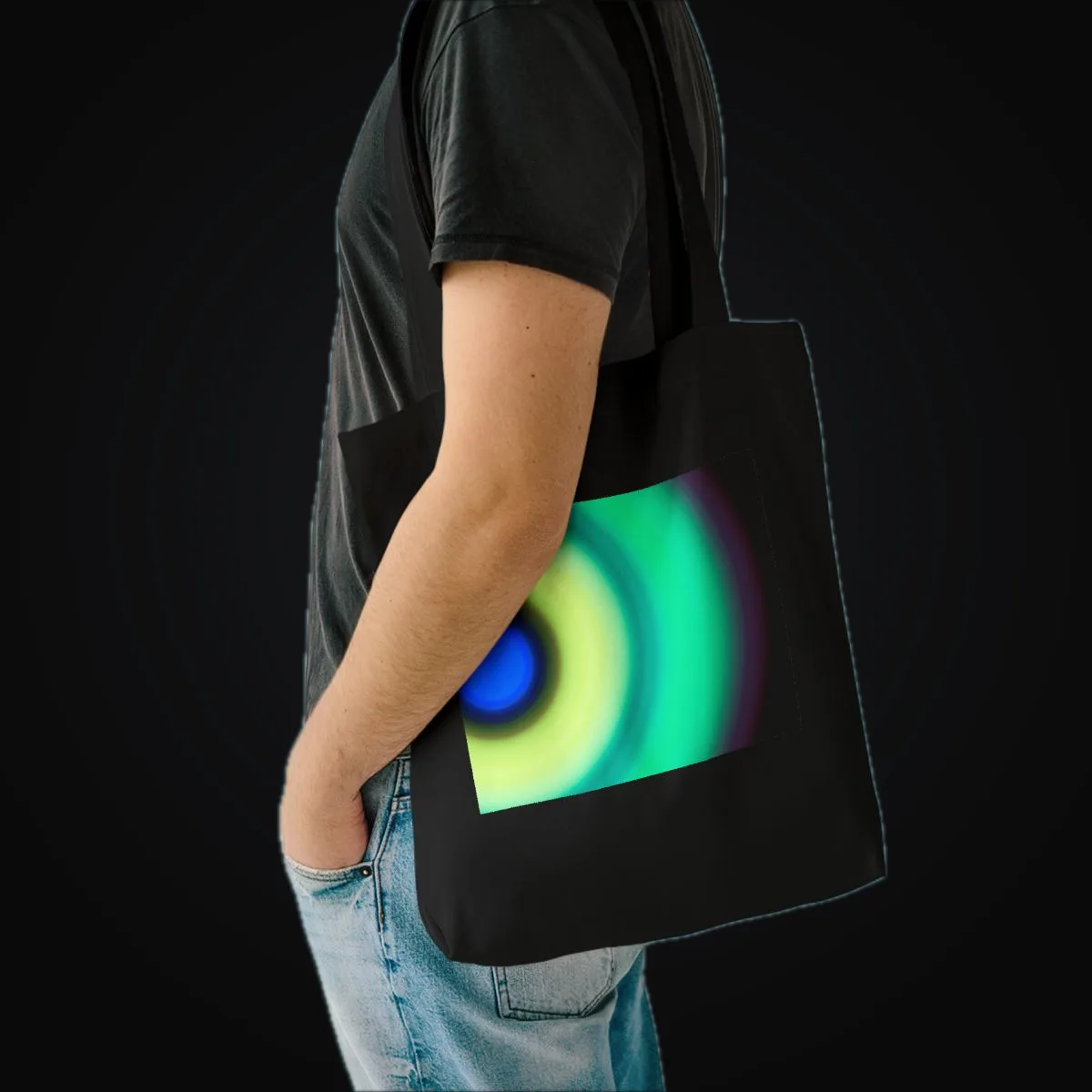 Circular light artwork shown on a cotton tote mockup