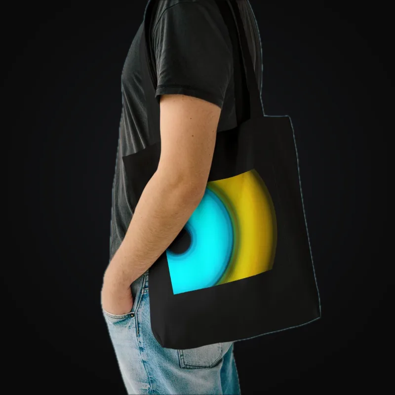 Circular light artwork shown on a cotton tote mockup