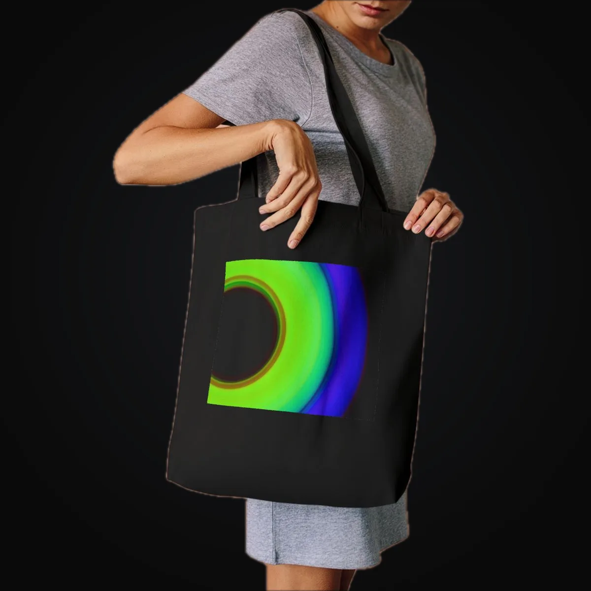 Circular light artwork shown on a cotton tote mockup
