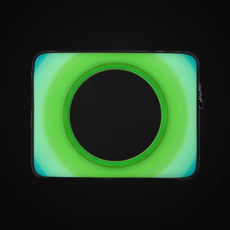 Circular light artwork shown on a laptop sleeve mockup
