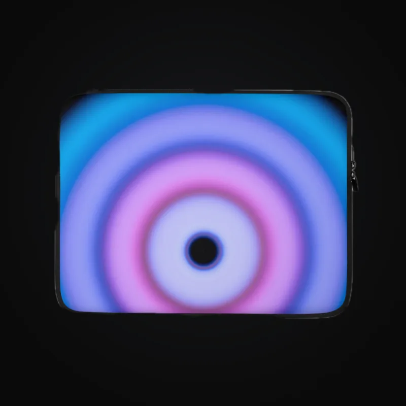 Circular light artwork shown on a laptop sleeve mockup