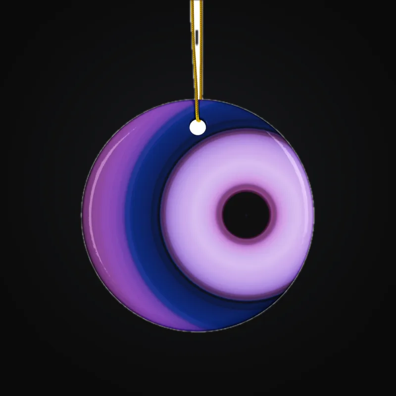 Circular light artwork shown on a ceramic ornament mockup