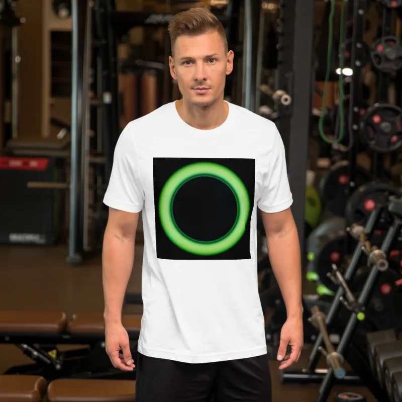 Circular light artwork shown on a unisex t shirt mockup