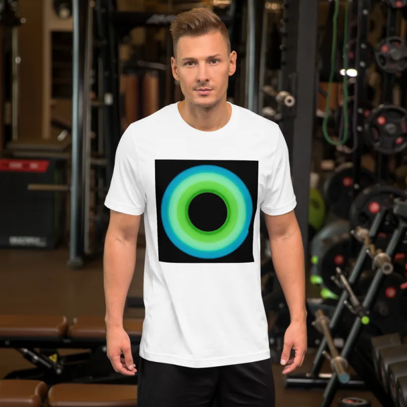 Circular light artwork shown on a unisex t shirt mockup