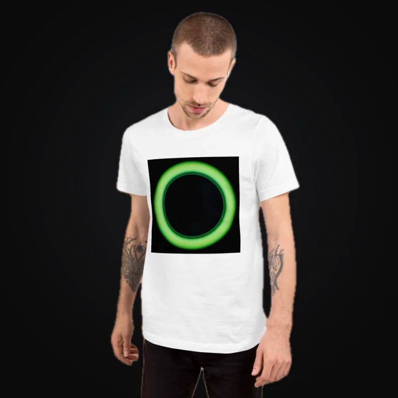Circular light artwork shown on a unisex t shirt mockup