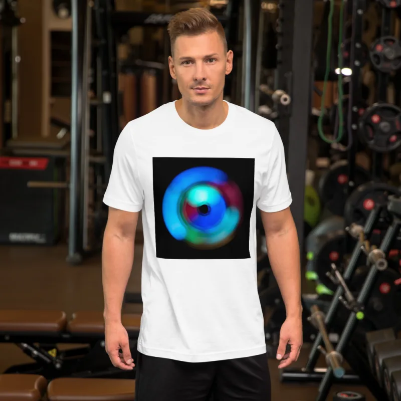 Circular light artwork shown on a unisex t shirt mockup