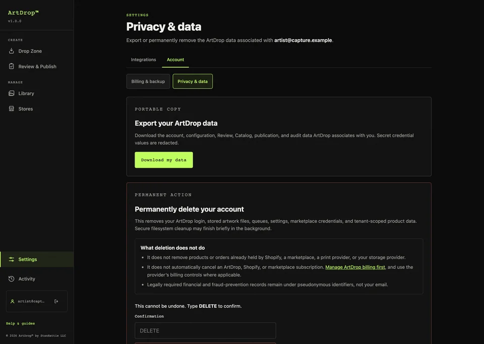 ArtDrop account page with data export and deletion controls