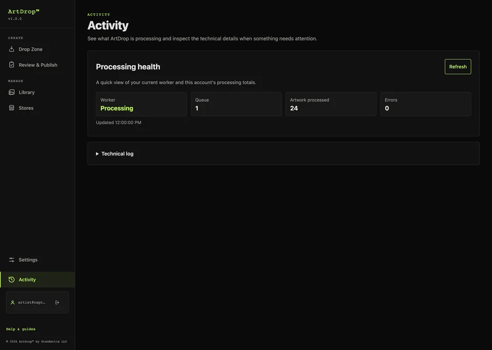 ArtDrop Activity page showing worker status, queue depth, processed artwork, and error count