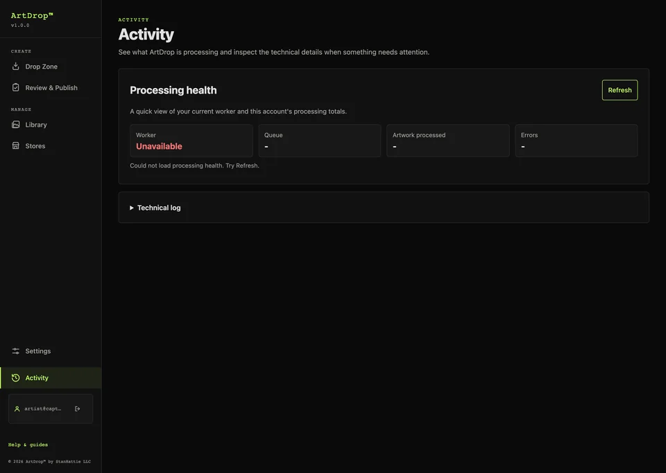 ArtDrop Activity page showing a clear temporary-unavailable status and Refresh recovery control
