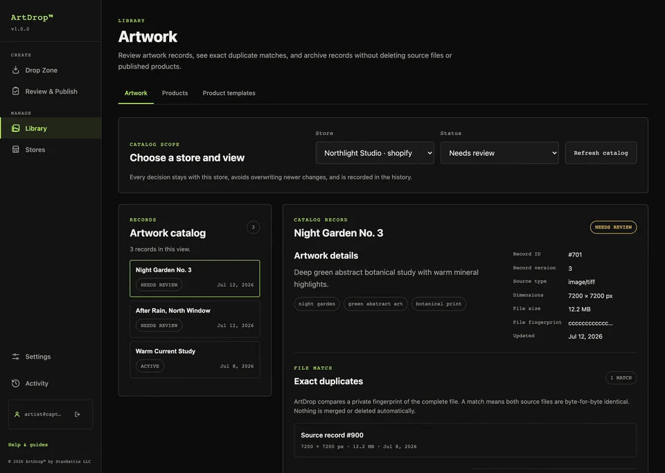 ArtDrop Asset Catalog Review showing artwork records and review status