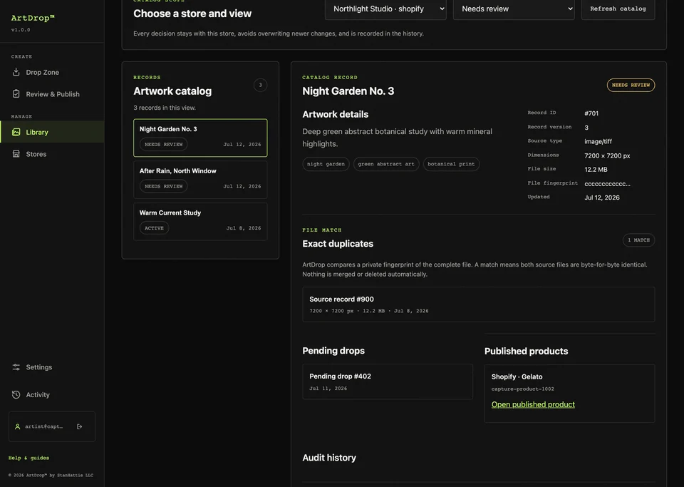 ArtDrop Asset Catalog record with exact-duplicate, pending-drop, and publication evidence
