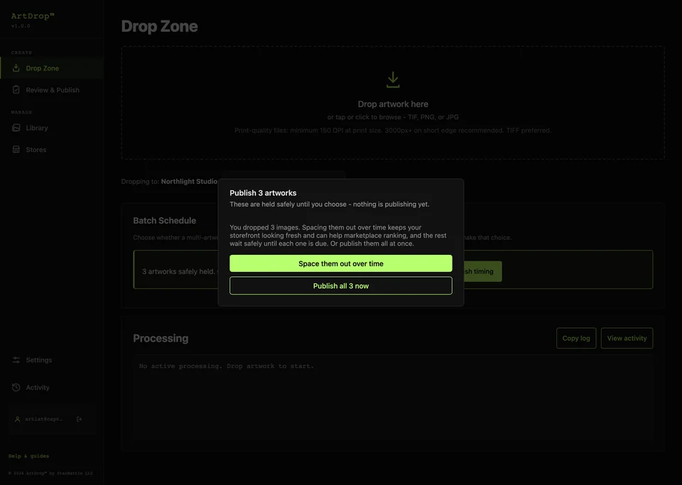 ArtDrop held multi-artwork batch dialog offering safe scheduled publishing or explicit publish-all-now control