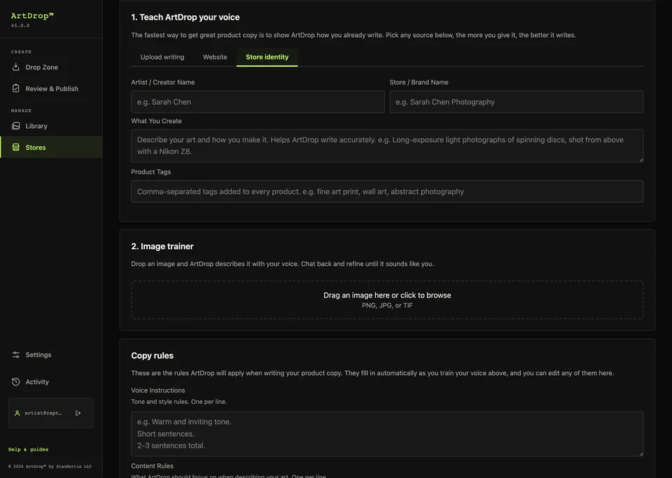 ArtDrop Brand Voice workspace on the Store identity trainer tab