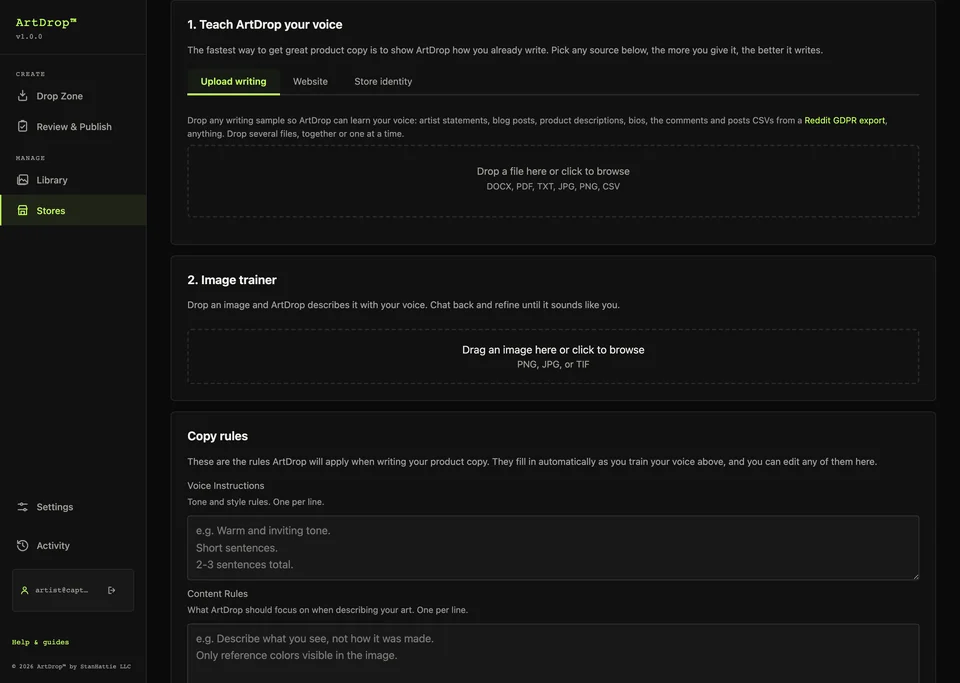 ArtDrop Brand Voice workspace on the Upload writing trainer tab