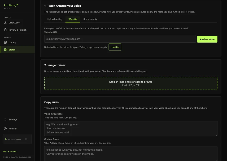 ArtDrop Brand Voice workspace on the Website trainer tab with detected-store assistance