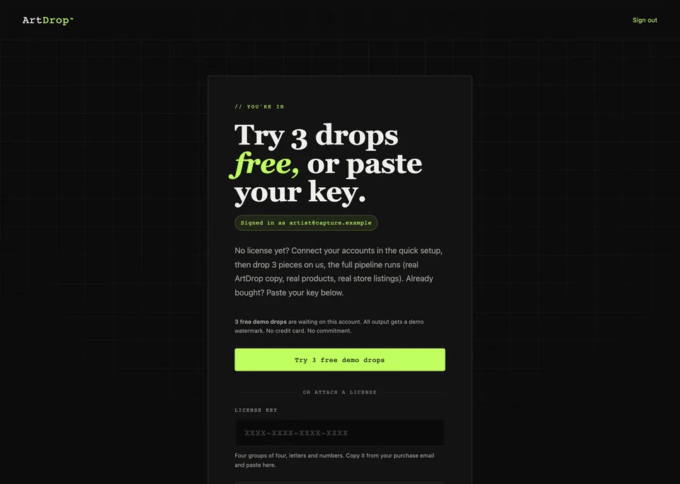 ArtDrop claim page offering three free demo drops or license-key attachment