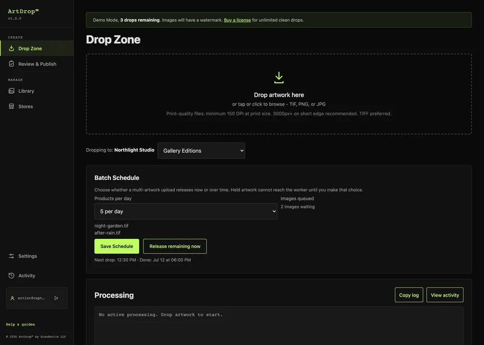 ArtDrop Drop Zone in three-drop demo mode with the watermark disclosure visible