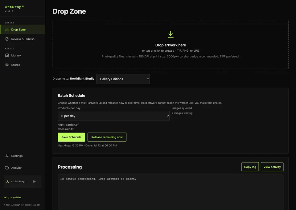 ArtDrop Drop Zone dashboard with a selected store and product line