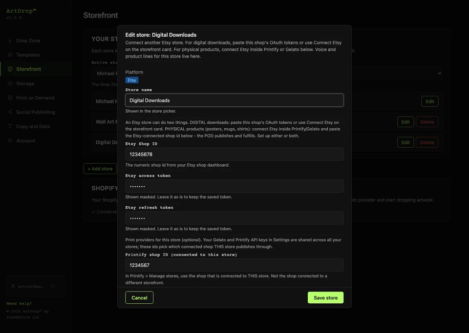 ArtDrop additional Etsy store editor with manual shop and token fields plus Printify shop ID and Gelato store ID fields for physical POD.