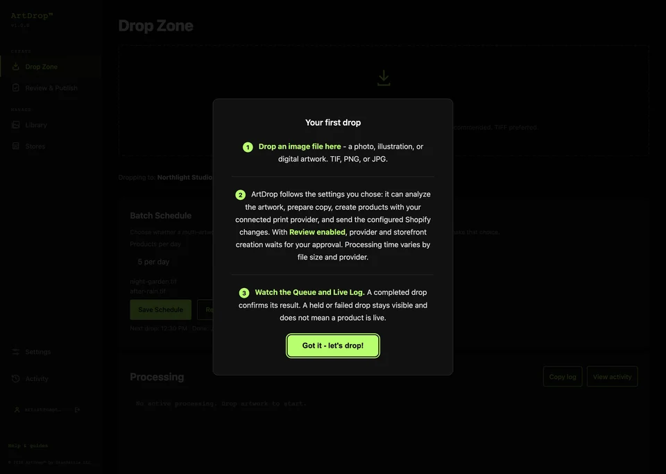 ArtDrop first-drop walkthrough explaining upload, processing, review, and completion states