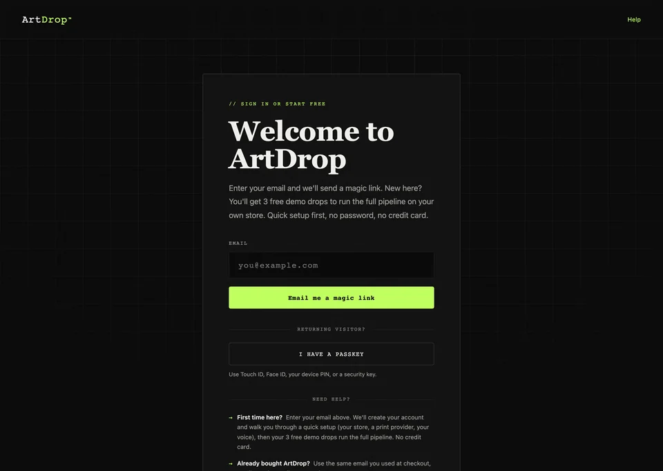 ArtDrop sign-in page with email magic link and passkey options
