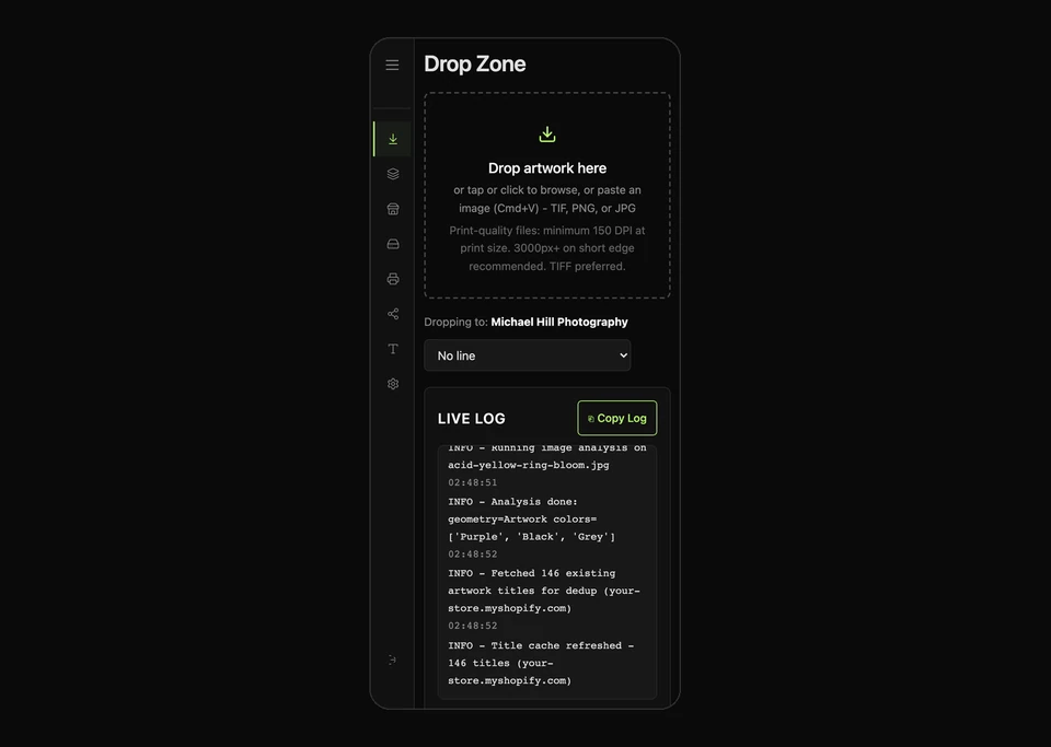 ArtDrop en el navegador de un teléfono con el Drop Zone y un Live Log en vivo, un drop real en pleno proceso.