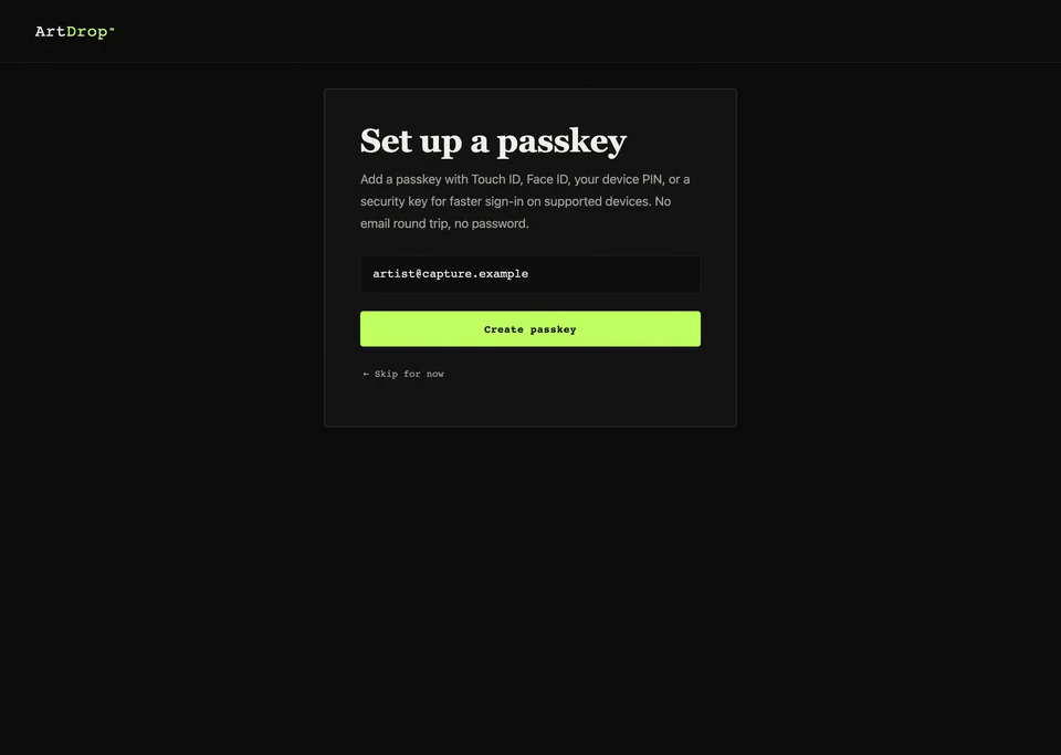 ArtDrop passkey setup screen for Touch ID or device biometrics