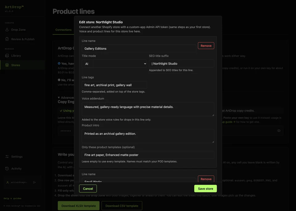 ArtDrop product-line editor with title, SEO, voice, tags, intro, and product-template controls
