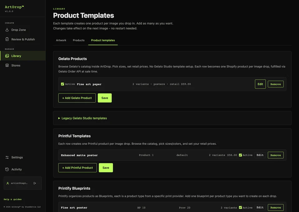 ArtDrop Product Templates page with Gelato print products