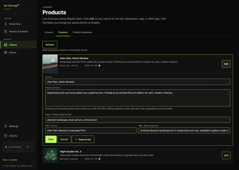 ArtDrop Shopify product editor with title, description, tags, and SEO fields