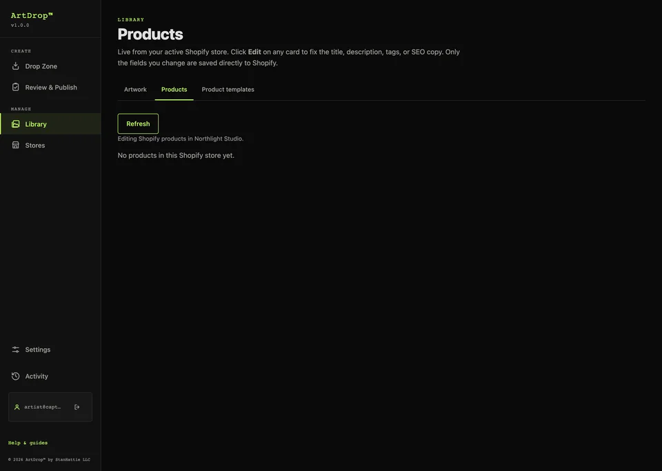 ArtDrop product library showing the clear empty state for a connected Shopify store with no products yet