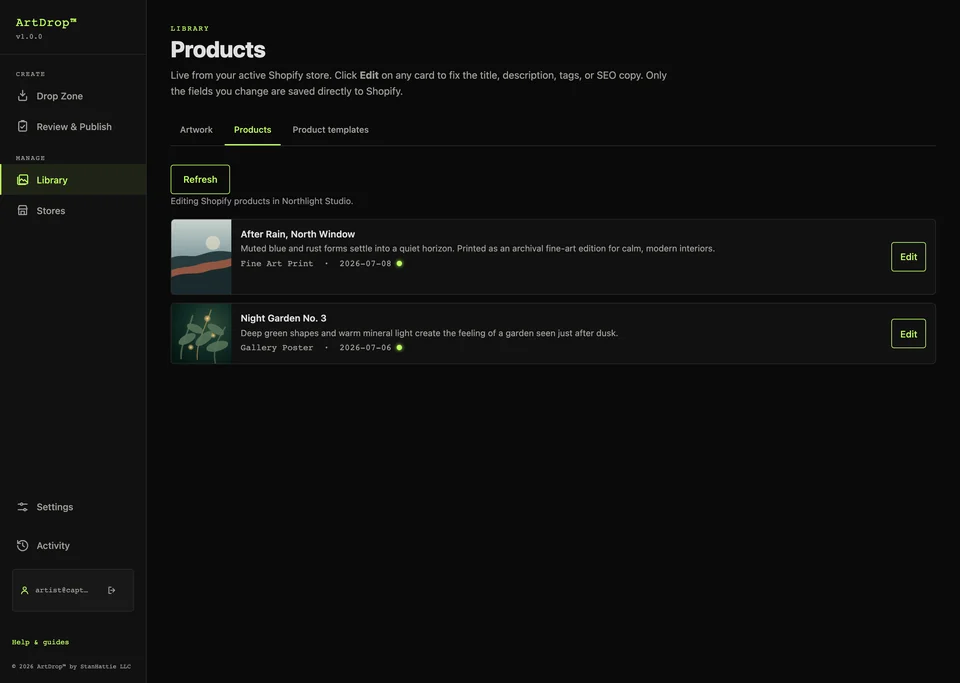 ArtDrop product library populated with synthetic published artwork