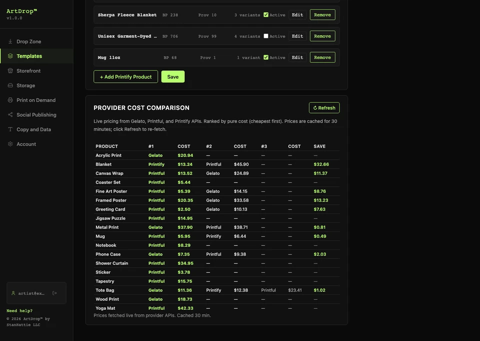 ArtDrop Provider Cost Comparison table with mixed-source product-family rows and a difference column; the table does not identify each source, currency, destination, or fetch time.