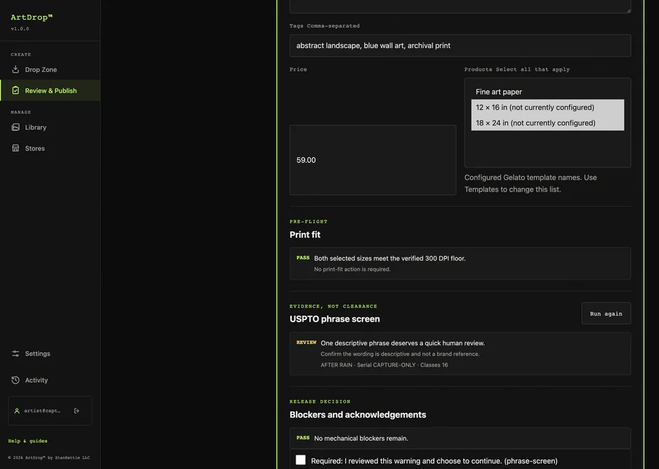 ArtDrop review detail with copy, print-fit evidence, phrase screening, and approval controls