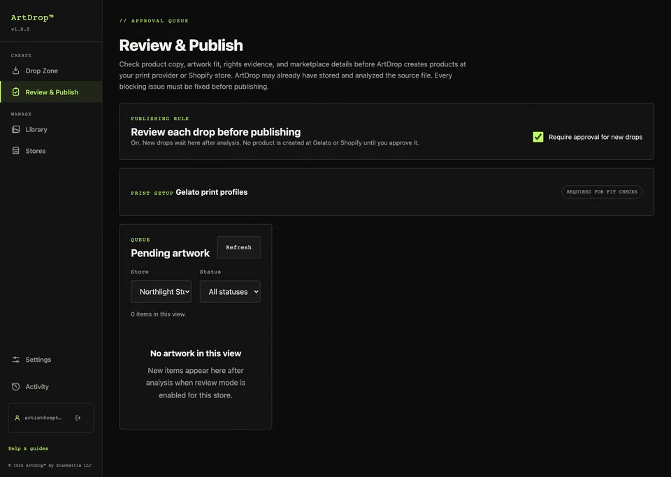 ArtDrop Review and Publish page showing that no artwork is currently waiting for approval