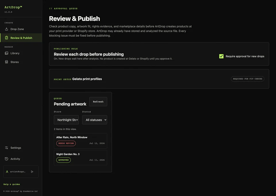 ArtDrop Review and Publish queue with artwork awaiting approval