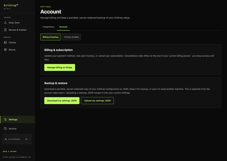 ArtDrop account settings with subscription management and secret-redacted configuration backup controls