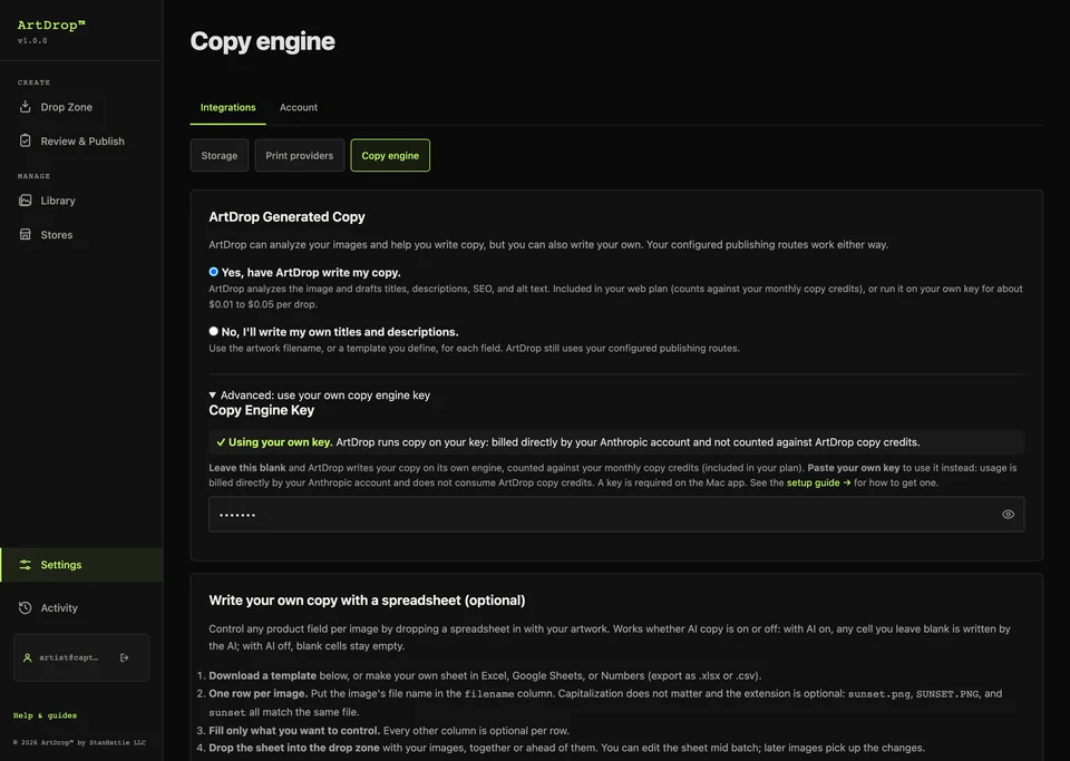 Configuración de Copy Engine de ArtDrop para copy generado, datos de hojas y metadatos de cámara